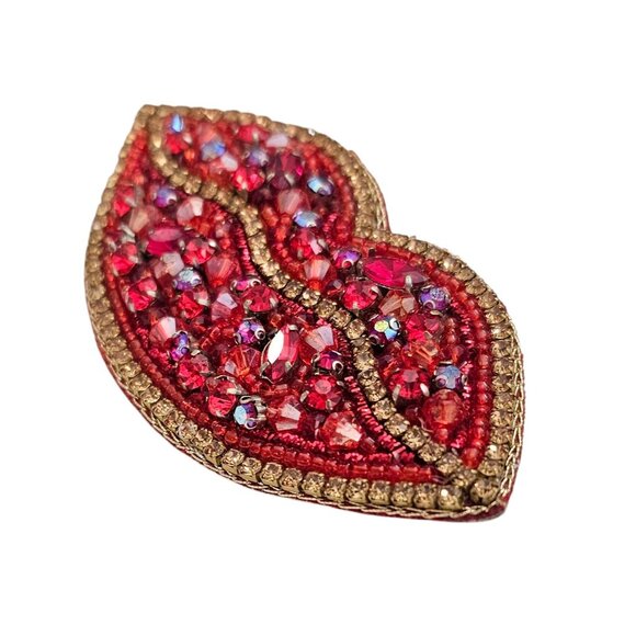 Red Lips Brooch Prong Set Rhinestone Large Needlework Pin  Red Lips Brooch Prong Set Rhinestone Large Needlework Pin, J52